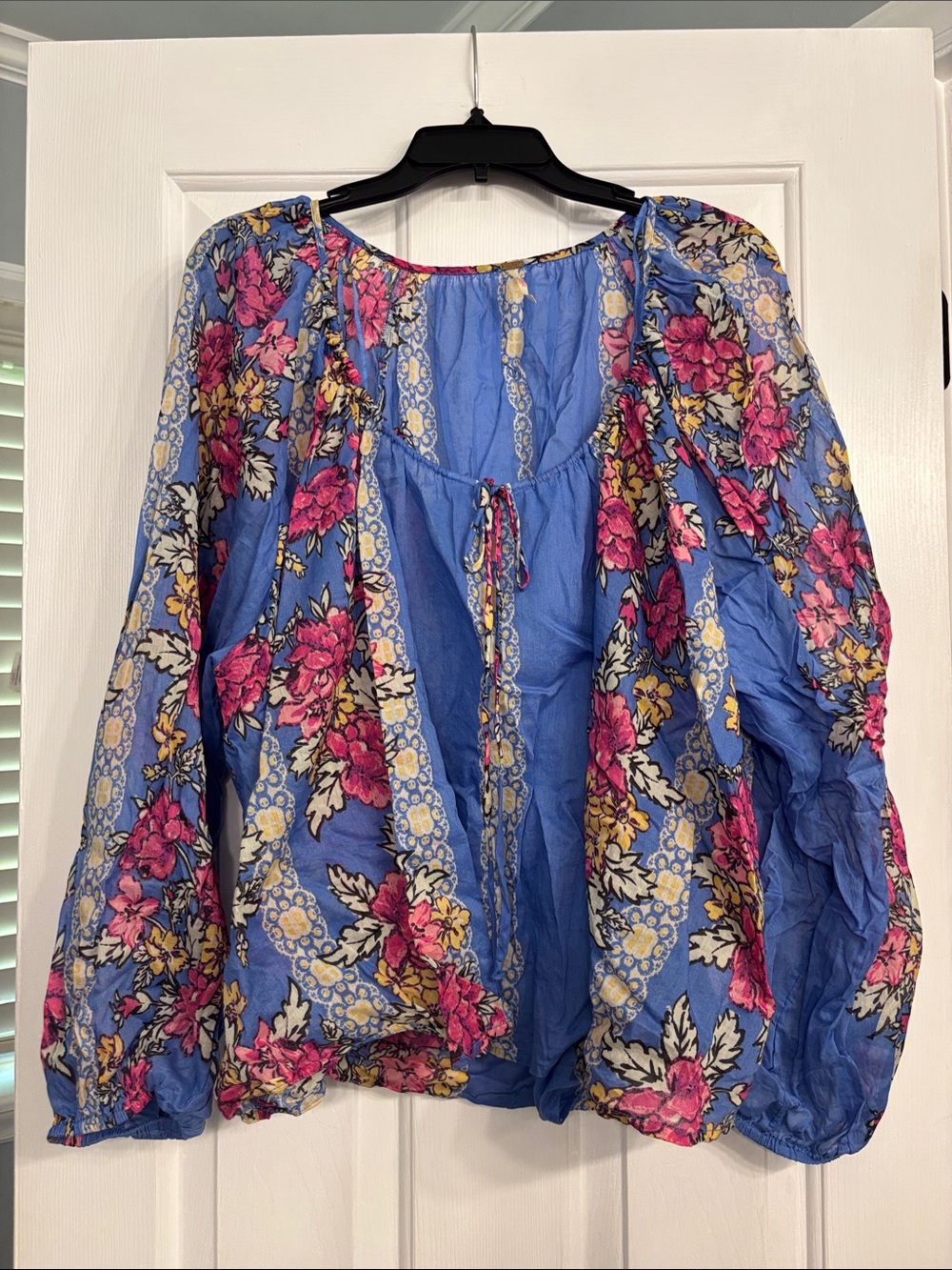 Blue Floral Peasant Blouse with Pink Accents